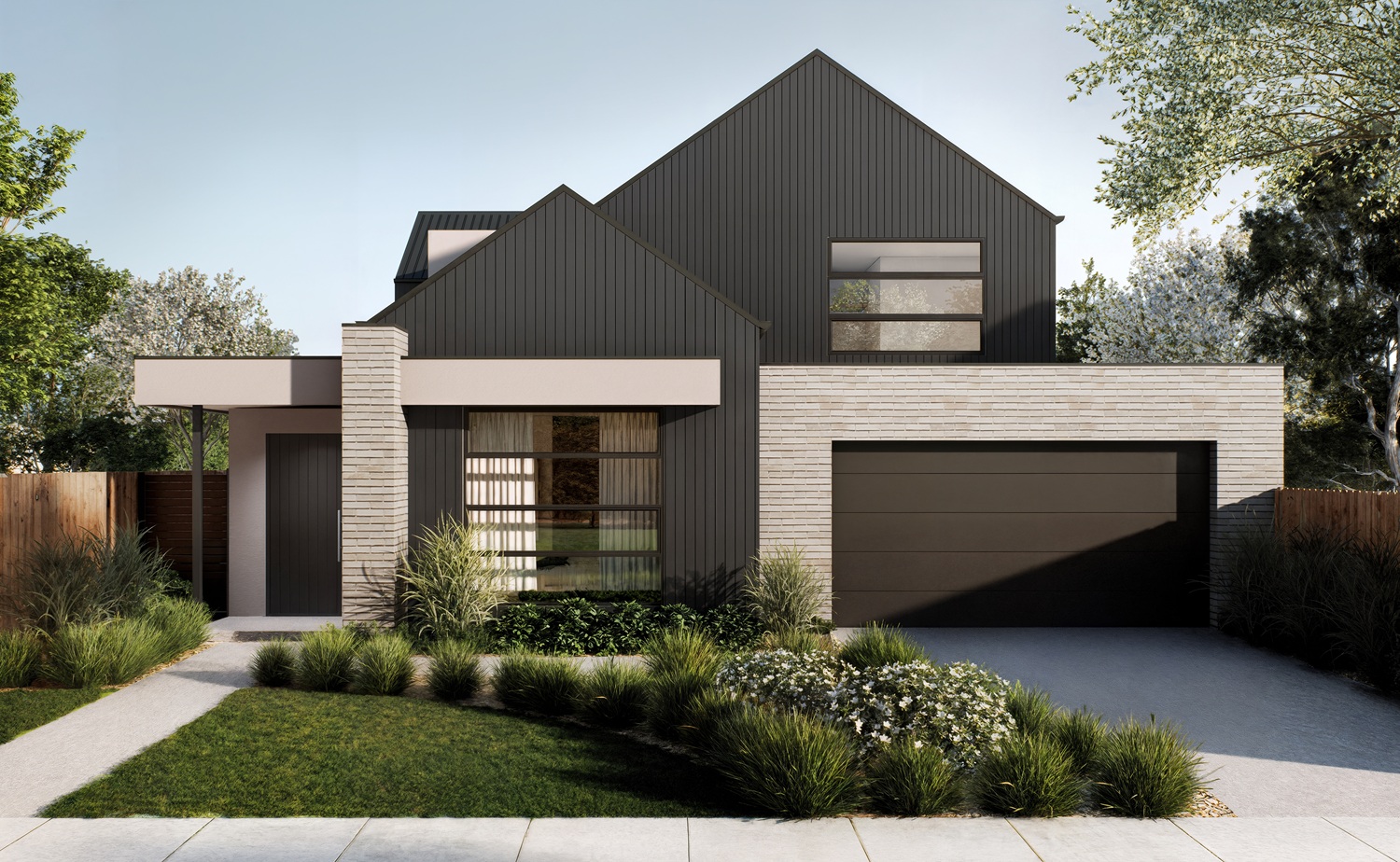 Modern Pavilion House Design — Saltspring 42 by Beachstone Homes, this façade reinterprets the classic barn form through a contemporary lens.